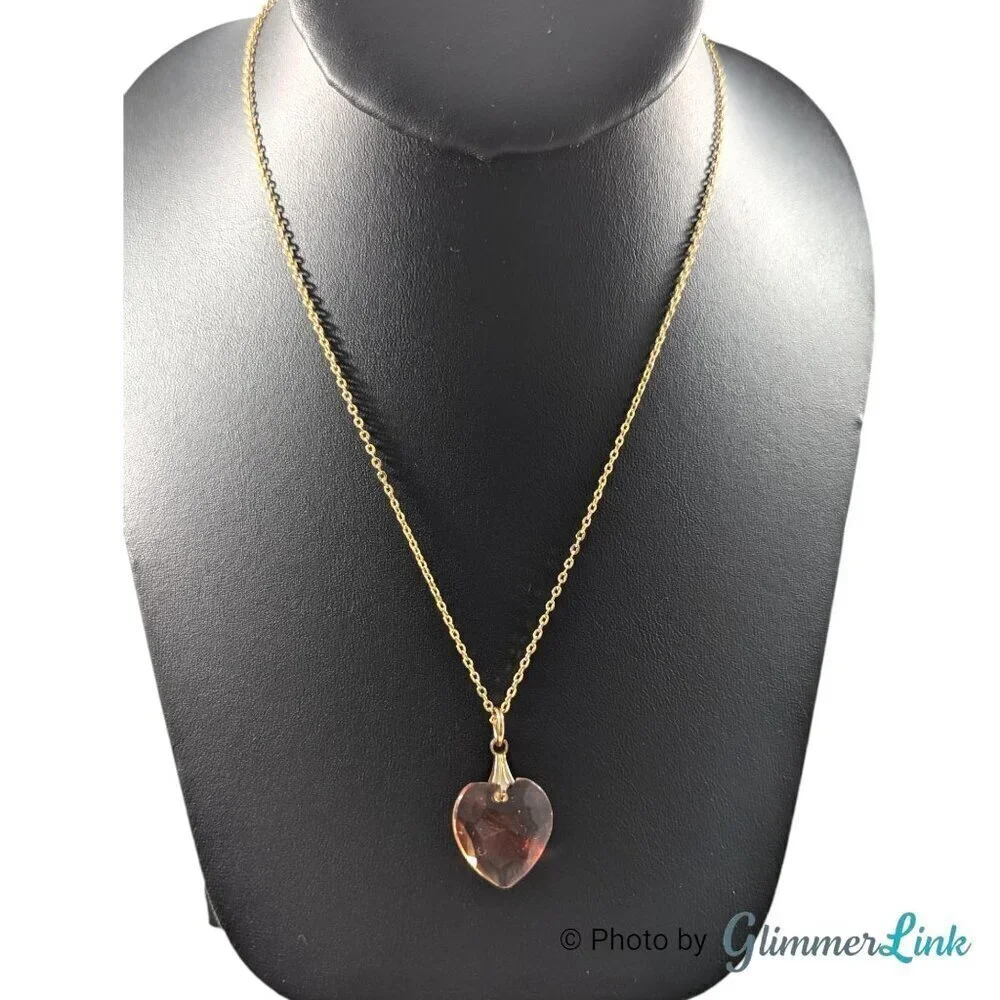 Vintage Translucent Red Faceted Heart Pendant Gold Tone Necklace